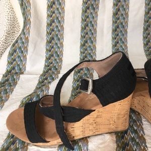 TOMS black strap cork wedge sandal “Clarissa”